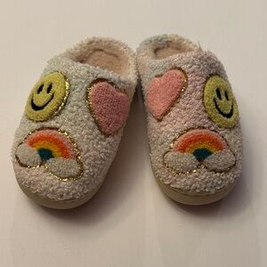 Cute Fuzzy Slippers with Rainbow and Smiley Design